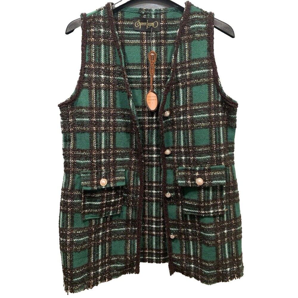 Vest Pearl Button Plaid Green/Brown/Lurix Spoon Jeans Women’s Size L NEW w/Tag